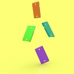 Smartphone cases of different colors in the air on a yellow background. 3D render