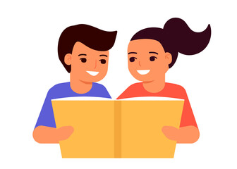 Children boy and girl read book together and enjoy literature. An open book for reading, learning, education and entertainment. Cute boy and girl love to read, learn. Vector