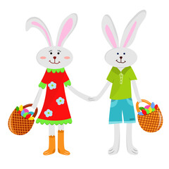 Easter bunnies boy and girl hold hands and collect eggs in baskets. Children are preparing for Easter. Vector cartoon illustration for Happy Easter