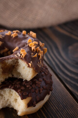 Homemade chocolate donut close up. Donut. 