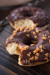 Homemade chocolate donut close up. Donut. 