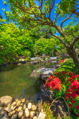 Fototapeta na wymiar Kamakura, Japan - April 23, 2017: small lake surrounded by a flowering garden in a sunny day at Hase-dera Temple or Hase-kannon, Kanagawa Prefecture, Kamakura. Spring season. Vertical shot.