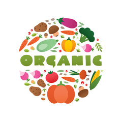 Organic market concept. Circle composition of vegetables and fruits drawn in a flat style. Vector 10 EPS.