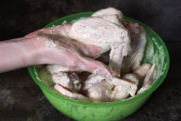 A woman's hand spices chicken meat or wings in a bowl. Chicken wings in marinade or sauce. Meat