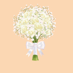 Wedding bouquet of white flowers. Roses and gipsophila. Vector.