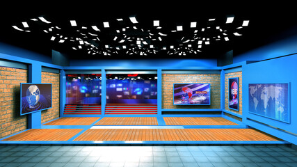 News Studio, Backdrop For TV Shows .TV On Wall.3D Virtual News Studio Background, 3d illustration