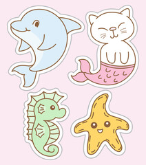 Cute hand drawn aquatic animal stickers