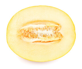 Melon half isolated on a white background. Top view, flat lay