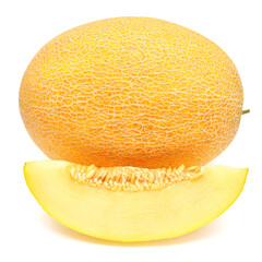 Melon whole and slice isolated on a white background. Top view, flat lay