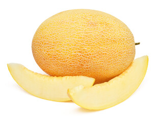 Yellow melon, whole and slices isolated on white background. Beautiful composition for advertising and packaging design. Perfectly retouched, full depth of field on the photo