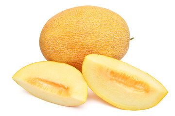 Yellow melon, whole and slices isolated on white background. Beautiful composition for advertising and packaging design. Perfectly retouched, full depth of field on the photo