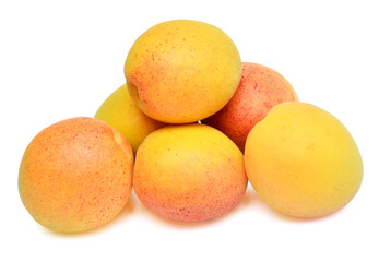 Apricot fruit whole isolated on white background. Beautiful composition for advertising and packaging design. Perfectly retouched, full depth of field on the photo