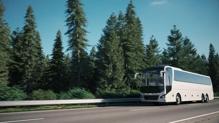 White tourist bus in travel. Tourist bus drive along the forest. Traveling of white tourist bus. 3d animation