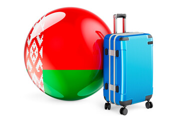 Suitcase with Belarusian flag. Belarus travel concept, 3D rendering