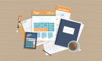 Tax payment concept. State Government taxation, calculation of tax return. Tax form with paper documents, forms, calendar, laptop, calculator. Pay the bills, invoices, payrolls. Vector illustration.