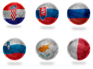 europe group H . football balls with national flags of croatia, slovakia, russia, slonia, cyprus, malta, soccer teams
