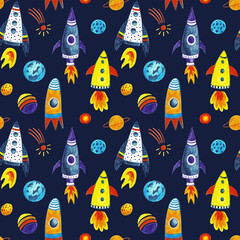 Fototapeta na wymiar Hand-drawing space elements seamless patterns. Space background.