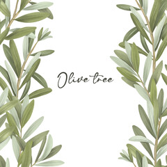 Border of green olive tree branches, hand drawn illustration on white background