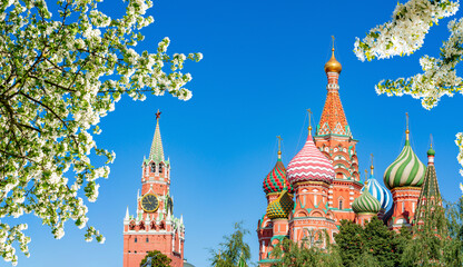 Fototapeta na wymiar Cathedral of Vasily the Blessed (Saint Basil's Cathedral) and Spasskaya Tower on Red Square in spring, Moscow, Russia