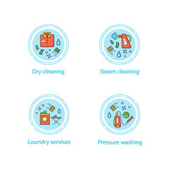 Obraz premium Cleaning services concept icons set.Consists of dry cleaning, laundry, steaming, pressure washing. Cleanup concepts.Vector isolated conception metaphor illustrations