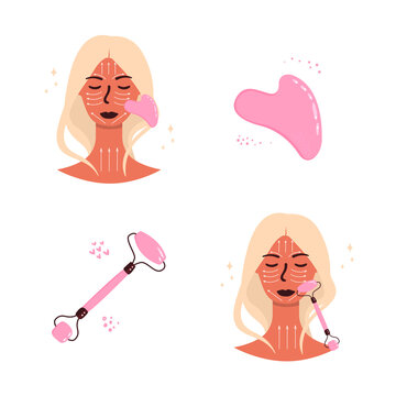 Flat vector cartoon illustration of a woman with a quartz face roller and a gua sha scraper. The concept of taking care of your face with a massage using traditional Chinese medicine massagers