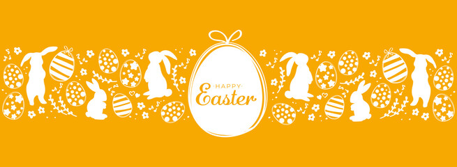 Orange happy easter greeting card with easter eggs and rabbits. Minimalist design for packing banner header - 419483543