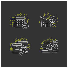 Online food chalk icons set. Calories calculator, office and home delivery, ready-made ration. Shopping application. Isolated vector illustrations on chalkboard