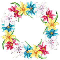 Watercolor Spring Wreath, floral bright wreath isolated on white background.