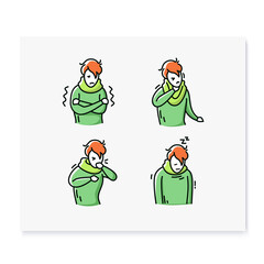 Fototapeta premium Flu color icons set.Fever.Headache.Muscle or back aches.Sore throat.Coronavirus symptoms.Health problem.Isolated vector illustration
