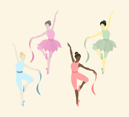 Vector illustration of dancing ballerinas.Prima in tutu skirt ballet costumes and pointe shoes.Girls have different skin colors.Ethnicity (national): African, Asian, Chinese, European, Latin American