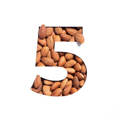Number five made of almonds and paper cut in shape of fifth numeral isolated on white. Typeface of nutritious nuts