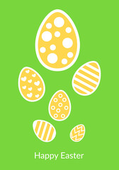 Happy Easter greeting card with eggs on yellow background. Vector illustration. Spring minimalistic background. Can be used for ad, promotion, poster, flyer, web-banner, article.