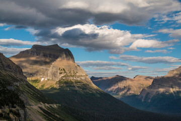 dramatic summer mountain ranges and mountain peaks in the vast Glacier National Park in Montana.