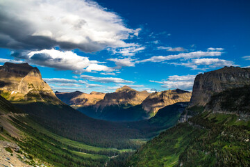 Naklejka premium Views from the Hidden Trail in Glacier national park in Montana during summer. wild flowers, towering Bear Hat Mt and Mt . Reynolds can be seen in this hike.