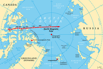 Movement of North Magnetic Pole, political map. Magnetic North pole of Earth moves over time, according to magnetic changes in outer core, across Canadian Arctic, Arctic Ocean towards Siberia. Vector.