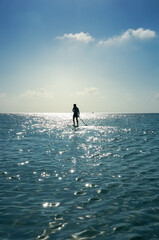 Silhouette of an unidentifiable young man in the sea on the Stand Up Paddle Board. SUP. Healthy lifestyle. 