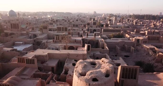 Yazd Ardakan Old City Aerial Panoramic Landscape View of Desert Village in Sunny Day in Iran Walking Luxury Tour and Travel - Mudbrick Village Adobe House Winding Lanes Narrow Alley Old Castle Ruins