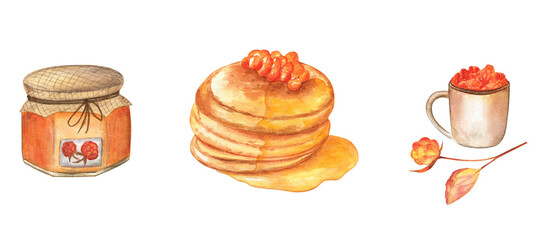 Cloudberry jam, pancakes with cloudberries and a cup full of berries. Watercolor illustration of white isolated background. Cute small set of objects. Good for stickers.