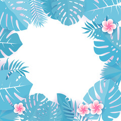 Fototapeta na wymiar Abstract background with blue cyan tropical leaves. Jungle patternwith frangipani flowers. Floral caper cut design background. Vector square illustration with space for text. Tropical greeting card.