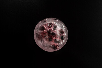 Black currant berries frozen in a piece of ice on a black background.