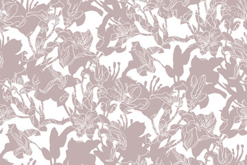 Fototapeta premium One color spotted seamless pattern with silhouettes of lilies flowers, buds and leaves drawn by hand in freehand style. Home textile, wallpaper, bedding, fabric, package.