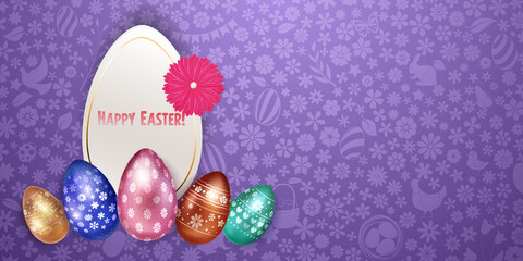 Illustration with several realistic Easter eggs in various colors with holiday symbols, glares and shadows on colorful background