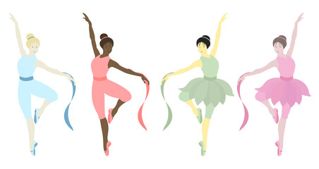 Obraz na płótnie Canvas Vector illustration of dancing ballerinas.Prima in tutu skirt ballet costumes and pointe shoes.Girls have different skin colors.Ethnicity (national): African, Asian, Chinese, European, Latin American