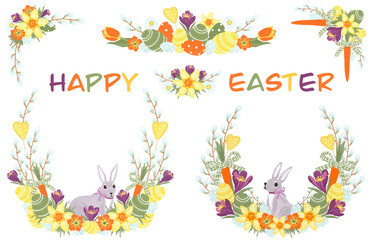 Happy Easter and Spring compositions with bunny, painted eggs and spring flowers