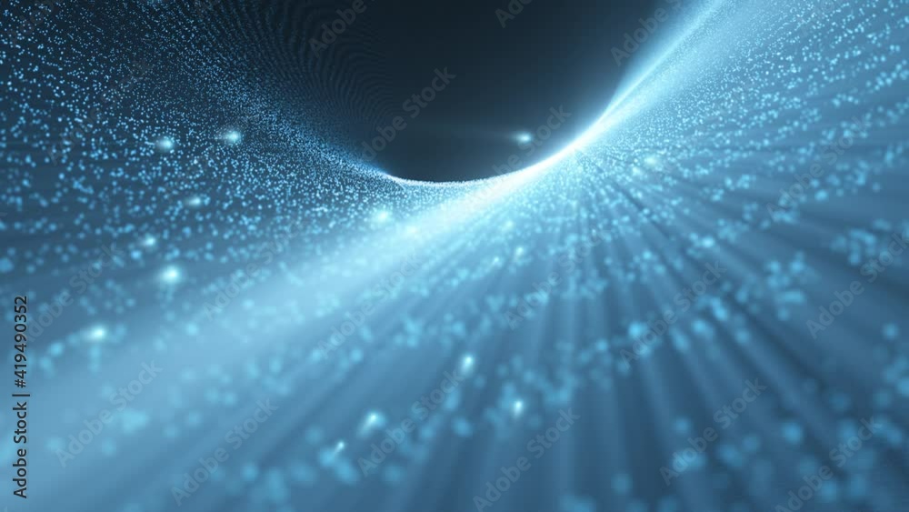 Wall mural curved 3d landscape made with lines and dots and flying glowy particles. futuristic cyber space with