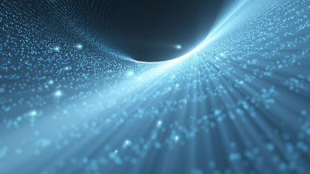 Curved 3d landscape made with lines and dots and flying glowy particles. Futuristic cyber space with shining star. 
