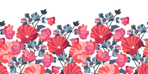 Behang Vector floral seamless pattern, border. Red, pink mallow flowers, blue leaves. Garden blooming flowers isolated on a white background. © ArtZuka