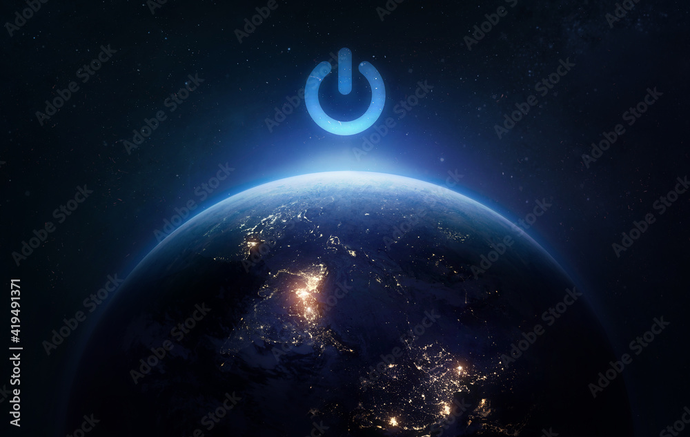 Poster Earth Hour theme. Earth planet in outer space. Power button of electricity. Elements of this image furnished by NASA