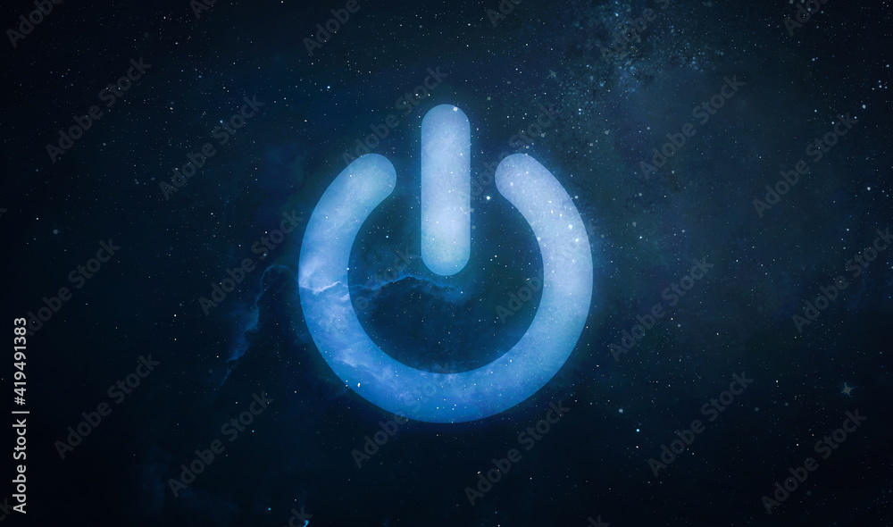 Poster Earth hour. Electric power button in outer space. Ecology. Energy in the space. Earth hour event. Protection on planet and environment. Elements of this image furnished by NASA