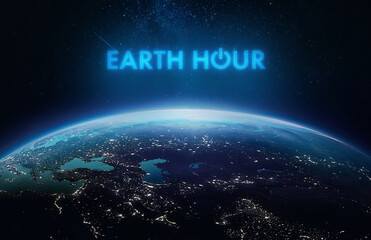 Earth Hour theme. Earth planet in outer space. Power button of electricity. Elements of this image furnished by NASA